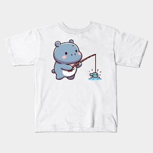 Cute hippo fishing Kids T-Shirt